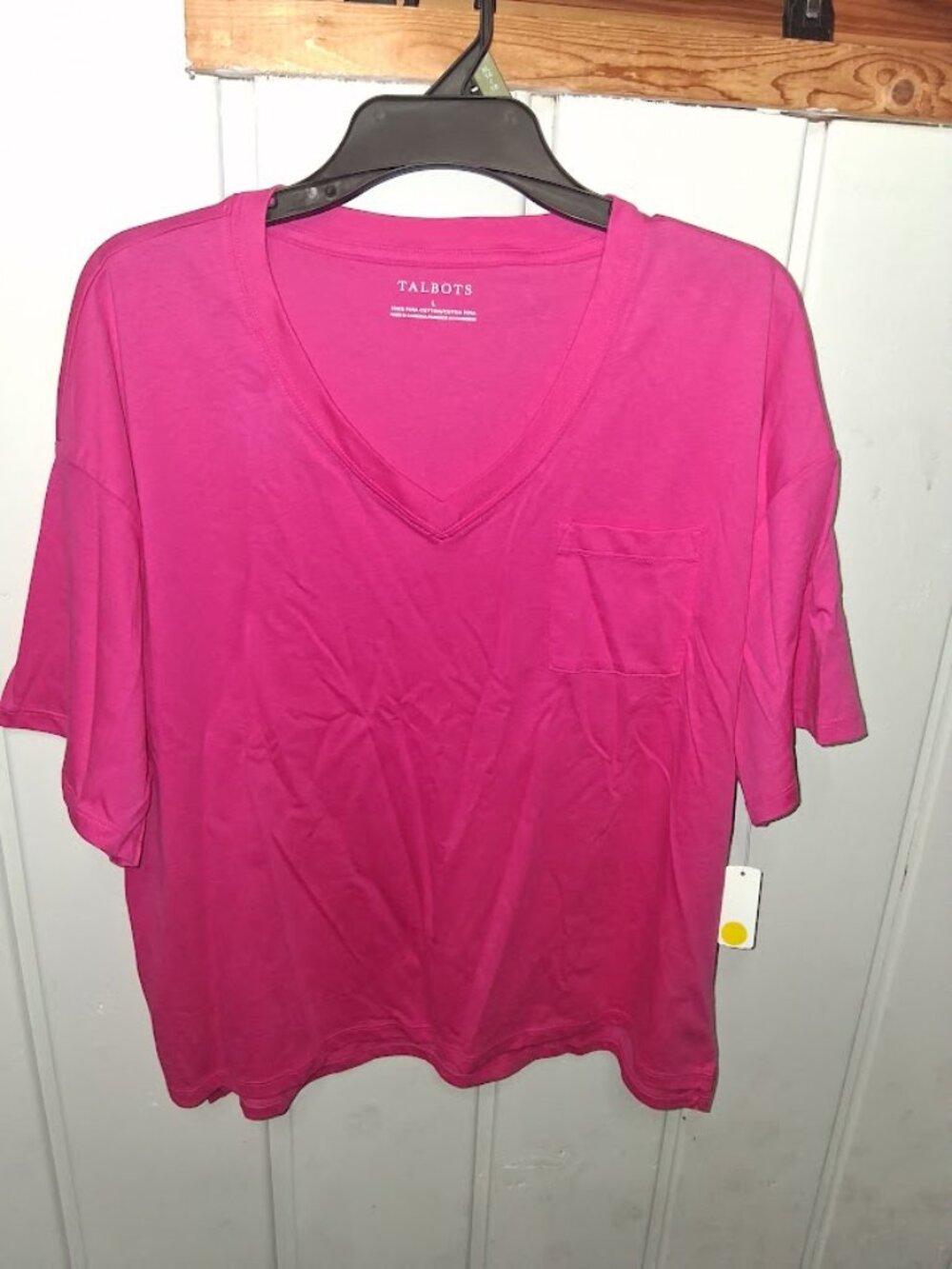 Talbots Cotton V Neck Pocket Tee Shirt NWT Sz L Bright Pink